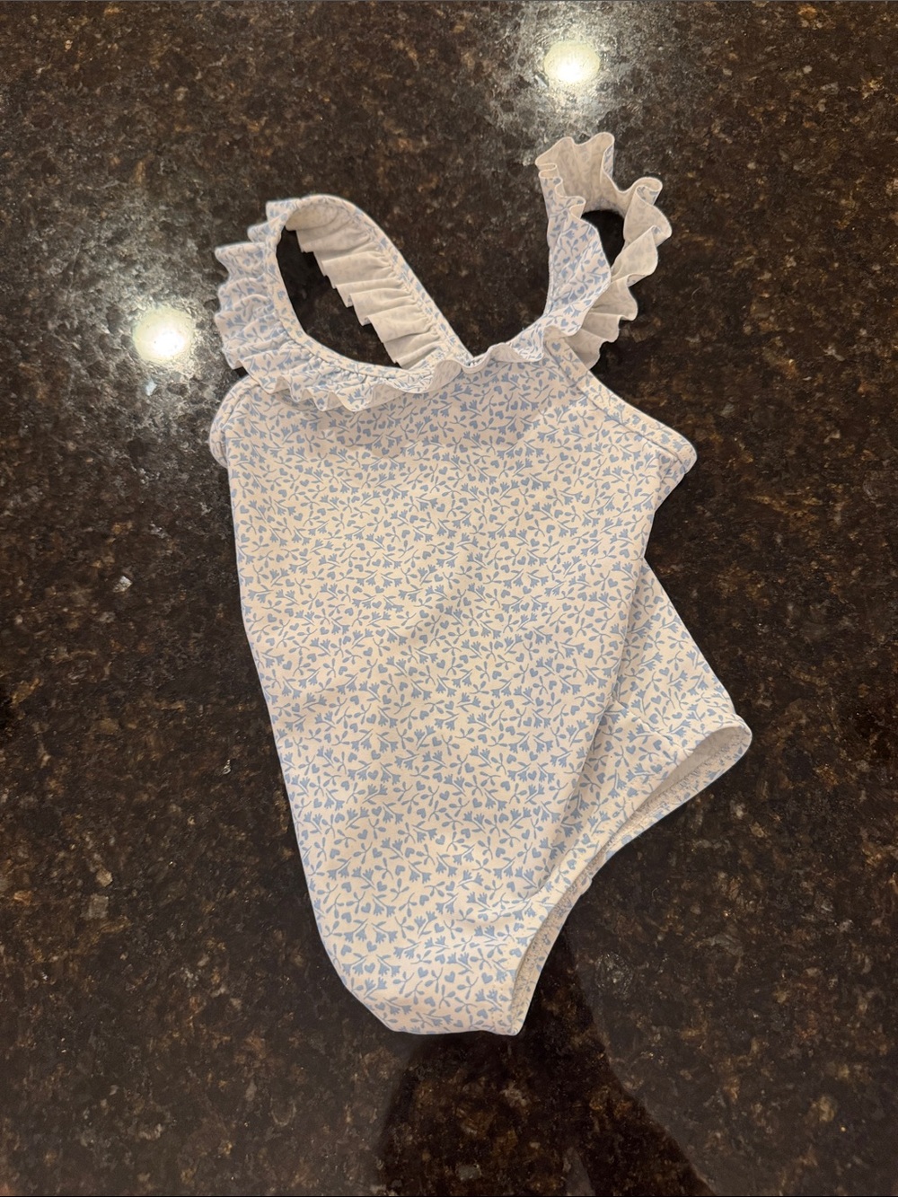 H&M Light Blue and White Floral Ruffle-Strap One-Piece Swimsuit